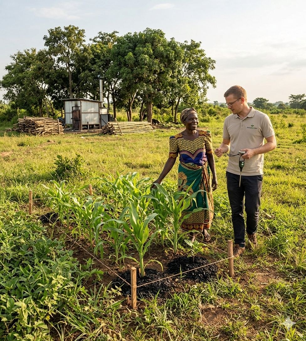 Farmer and field officer inspecting crops in a green trial plot