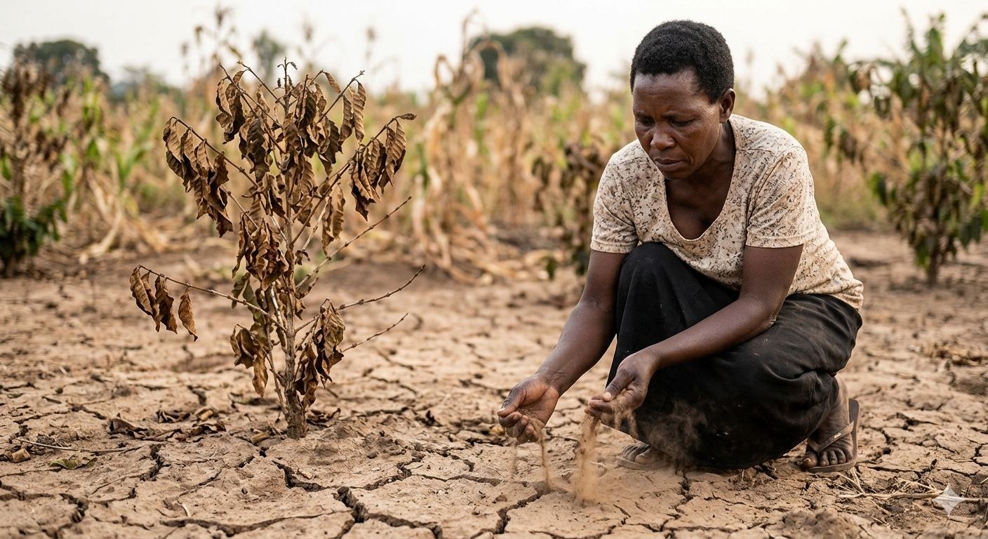 Farmer crouching over withered crops on dry, cracked soil